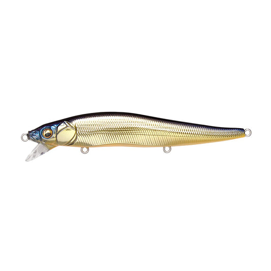 The Megabass Ito Vision 110 SR M Champagne Kinkuro is a gold and silver jerkbait with a blue head, black back, and clear lip, featuring three metal rings on its underside and tail—designed to mimic a small fish.