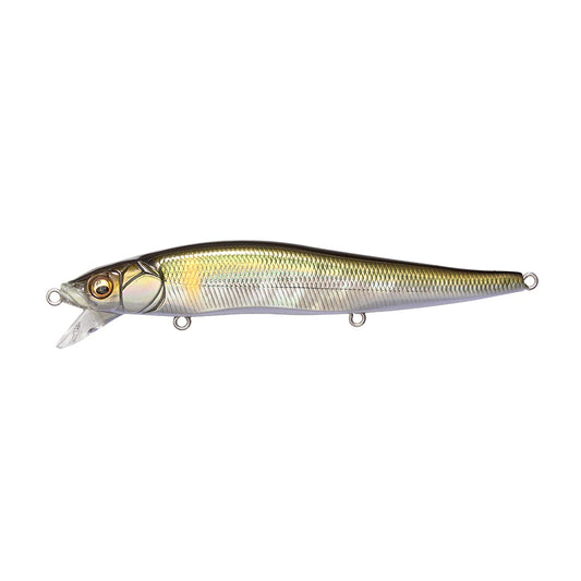 The Megabass Ito Vision 110 SR SH SE Ayu jerkbait mimics a small fish with a gold and silver body, textured scales, clear plastic lip, and three metal loops—hallmarks of Megabass’s realistic shallow-running lure design.