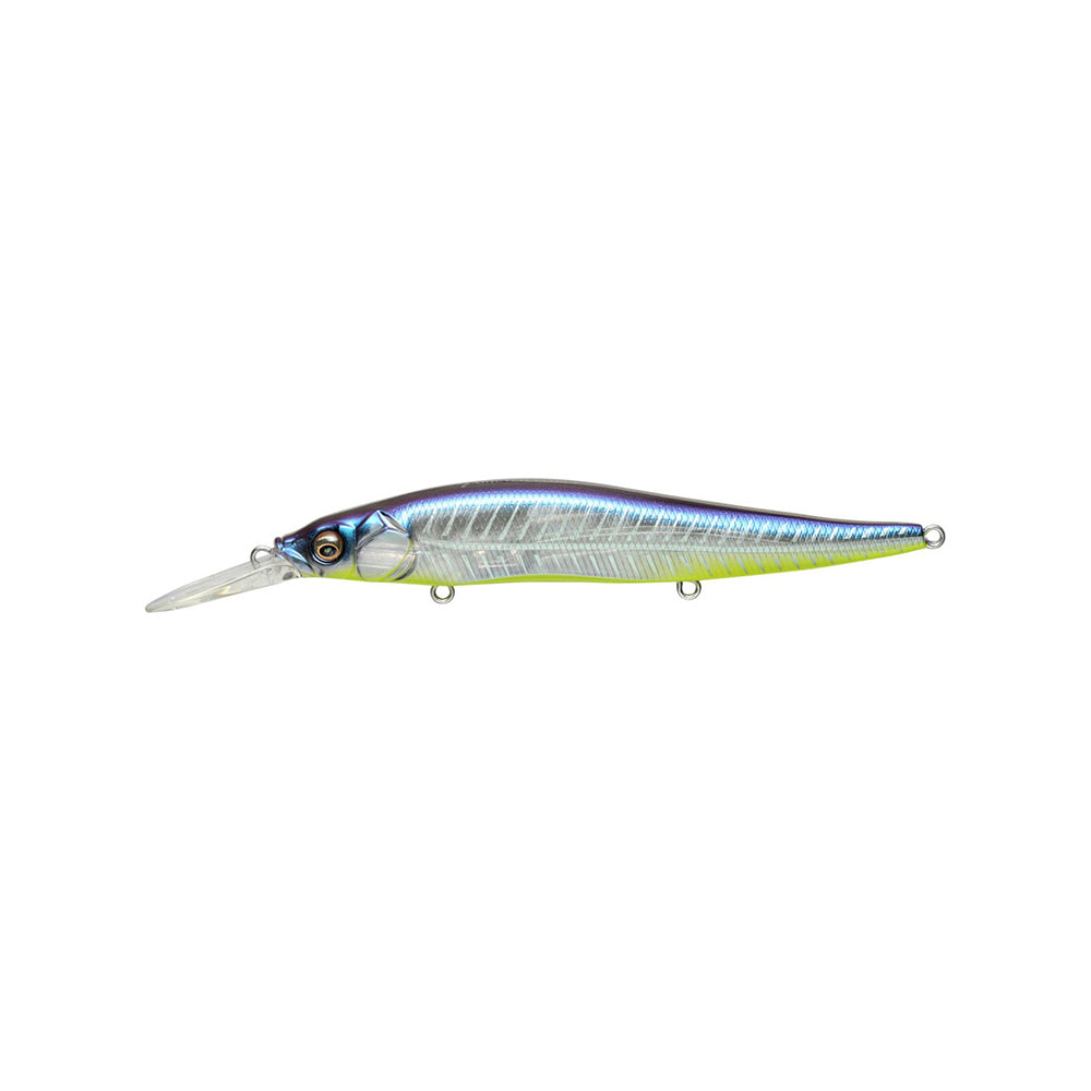 The Megabass Vision 110+1 Jerkbait features a lifelike fish design with metallic blue and silver body, yellow underside, detailed scales, and a clear diving bill—perfect for anglers seeking Megabass quality.