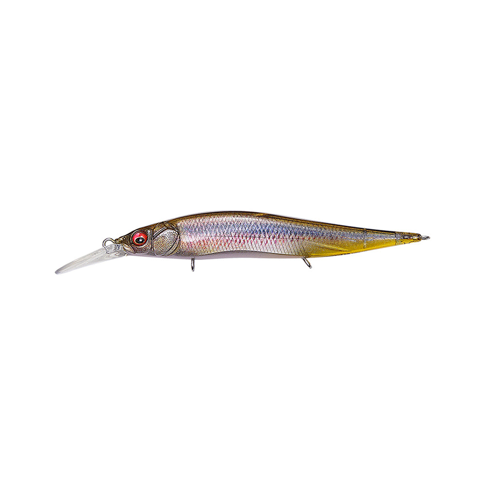 The Megabass Vision 110+1 Jerkbait by Megabass features a long clear lip, shiny silver and yellow body, red eyes, and two metal attachment points underneath, displayed on a plain white background.