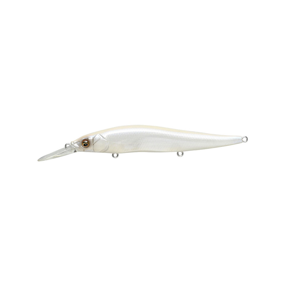 The Megabass Vision 110+1 Jerkbait is a white, fish-shaped lure with a long, clear plastic lip, realistic yellow and black eye, and three metal attachment loops for versatile fishing.