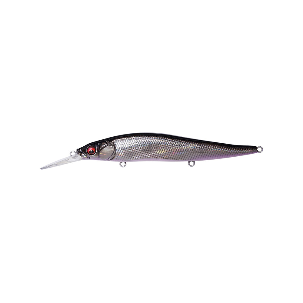 The Megabass Vision 110+1 Jerkbait by Megabass features a silver and black body, red eye, fish scale pattern, clear diving lip, and three attachment rings along its body for realistic fishing action.