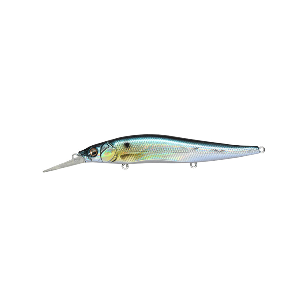 The Megabass Vision 110+1 Jerkbait by Megabass is a lifelike lure shaped like a small fish, with a metallic blue-green body, yellow accents, detailed eye, and a long clear plastic lip for enticing strikes.