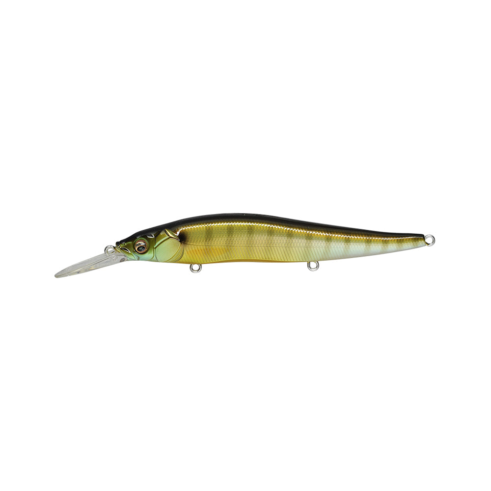 The Megabass Vision 110+1 Jerkbait by Megabass features a small fish profile, green-yellow gradient body, black back, white belly, and clear diving lip—ideal for realistic presentation.