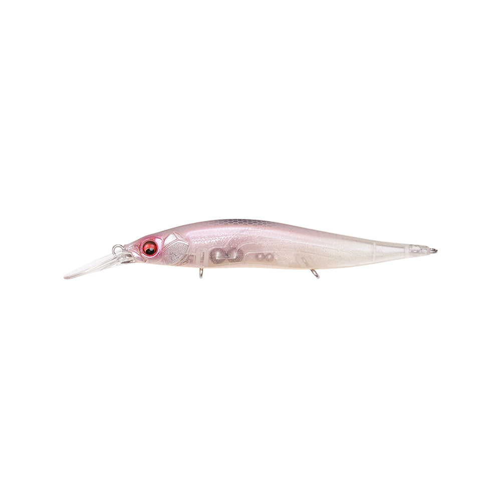 The Megabass Vision 110+1 Jerkbait by Megabass is a light pink, translucent lure featuring a streamlined body, red eye, clear plastic diving lip, and two metal attachment points on the underside.