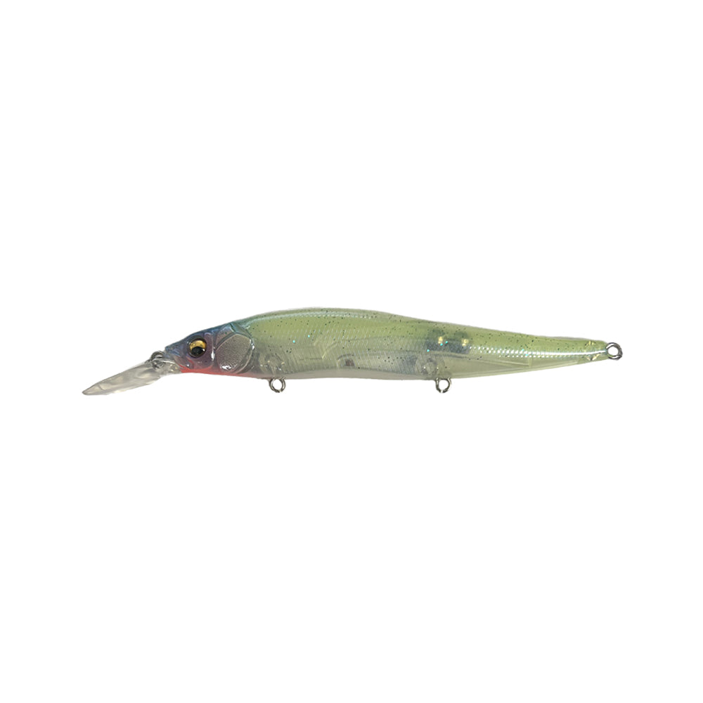 The Megabass Vision 110+1 Jerkbait by Megabass is a green and silver lure with a clear plastic lip and two attachment rings, crafted to mimic a small fish.