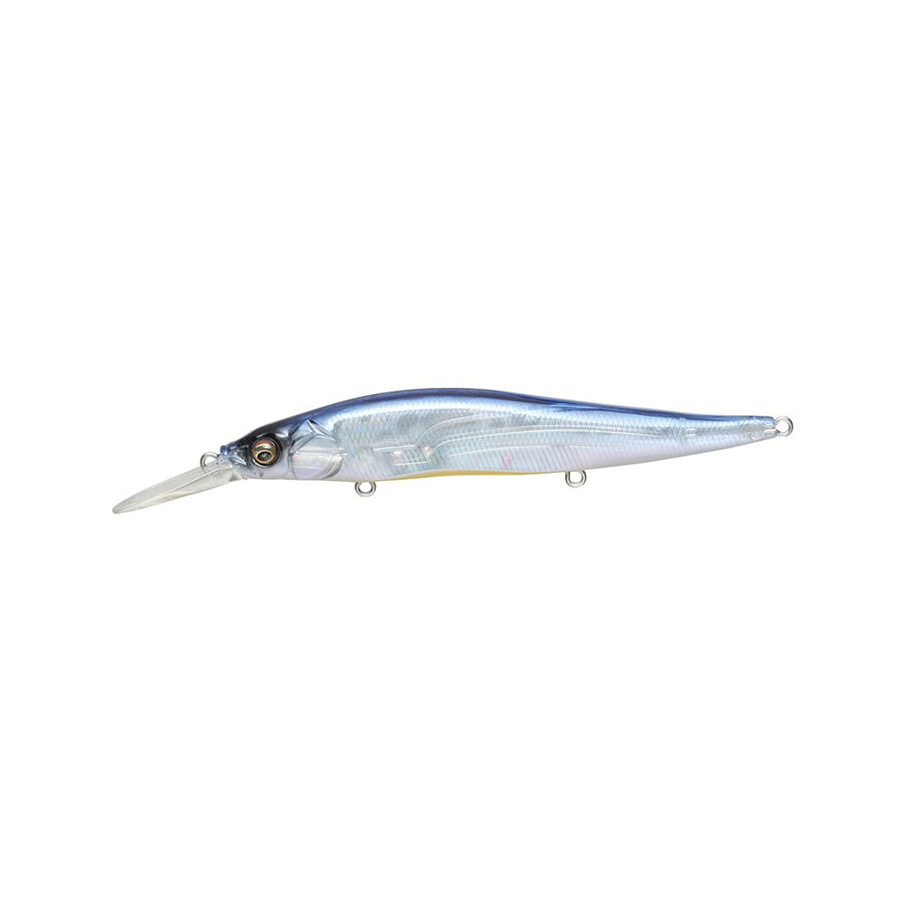 The Megabass Vision 110+1 Jerkbait is a realistic, fish-shaped lure by Megabass with a clear blue and silver body, black head details, a prominent eye, and an extended transparent lip for deep diving.