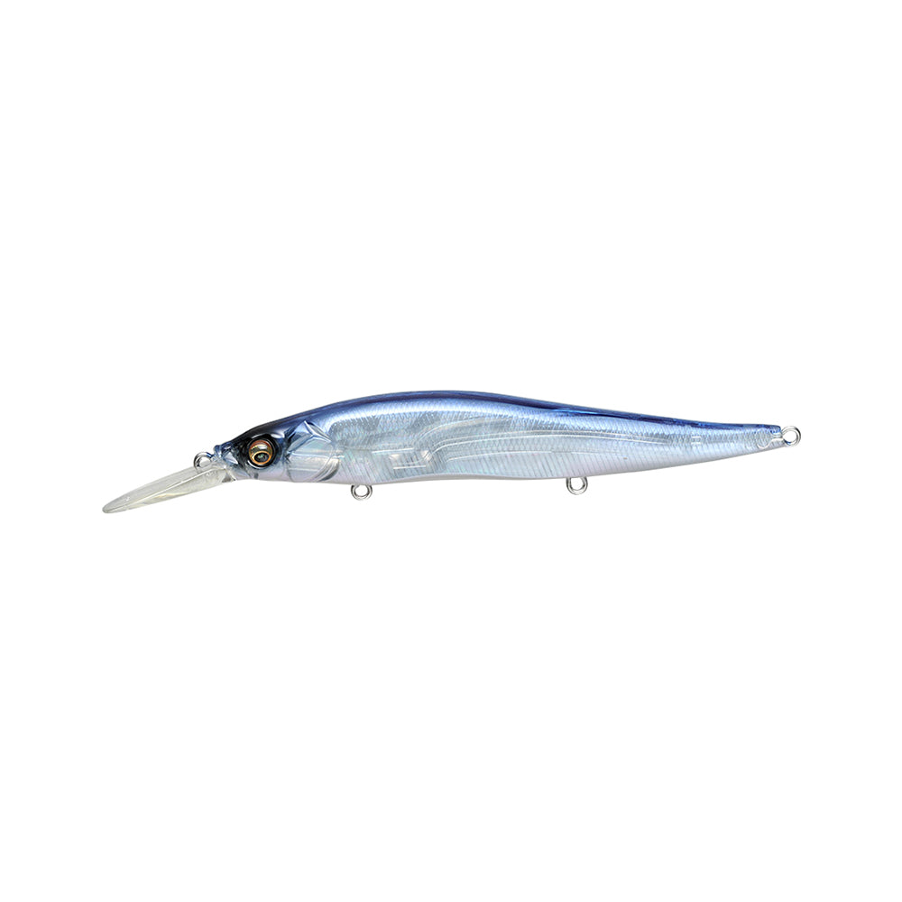 The Megabass Vision 110+1 Jerkbait by Megabass features a fish-like blue and silver body, transparent lip, detailed scales, and a realistic painted eye—perfect for attracting fish.