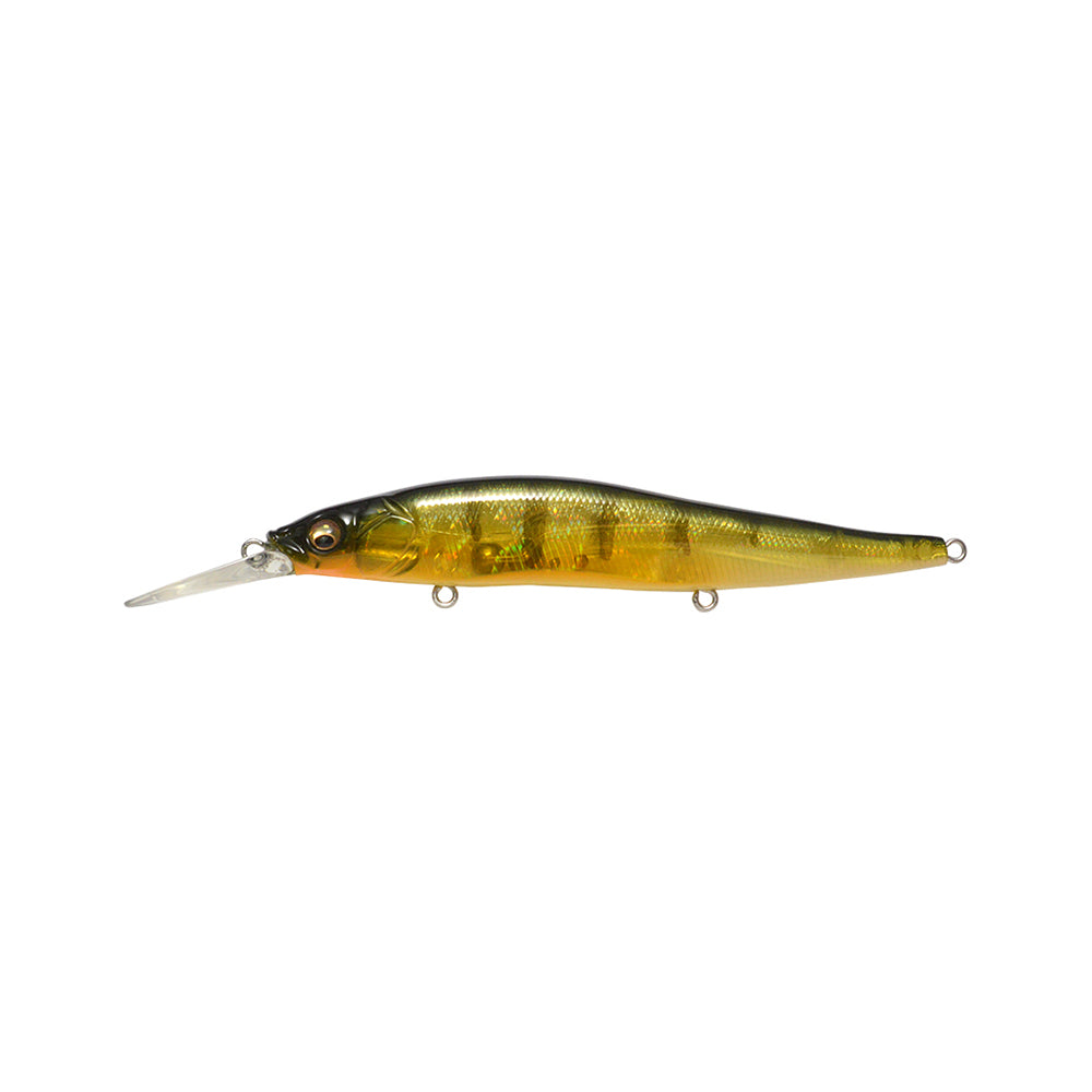 The Megabass Vision 110+1 Jerkbait by Megabass is a yellow and green, fish-shaped lure with a pointed clear plastic lip and three attachment rings, designed to imitate a small baitfish.
