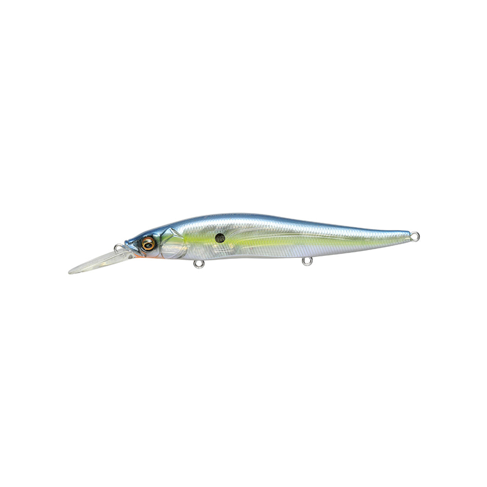 The Megabass Vision 110+1 Jerkbait by Megabass is a realistic, fish-shaped lure with a shiny silver-green body, black gill spot, clear diving lip, and three metal attachment rings for premium fishing performance.