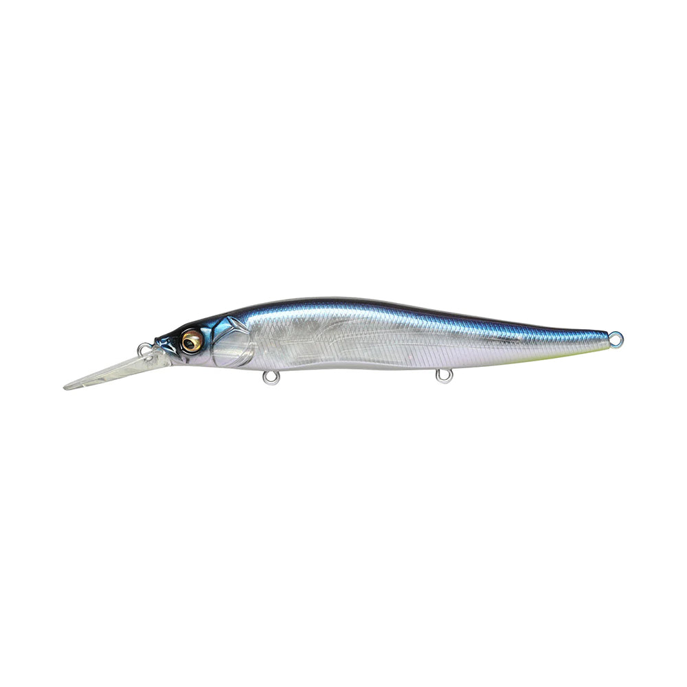 The Megabass Vision 110+1 Jerkbait by Megabass is a realistic, silver and blue suspending lure with a large eye and clear plastic lip, expertly designed to mimic baitfish for mid-range jerkbait fishing.