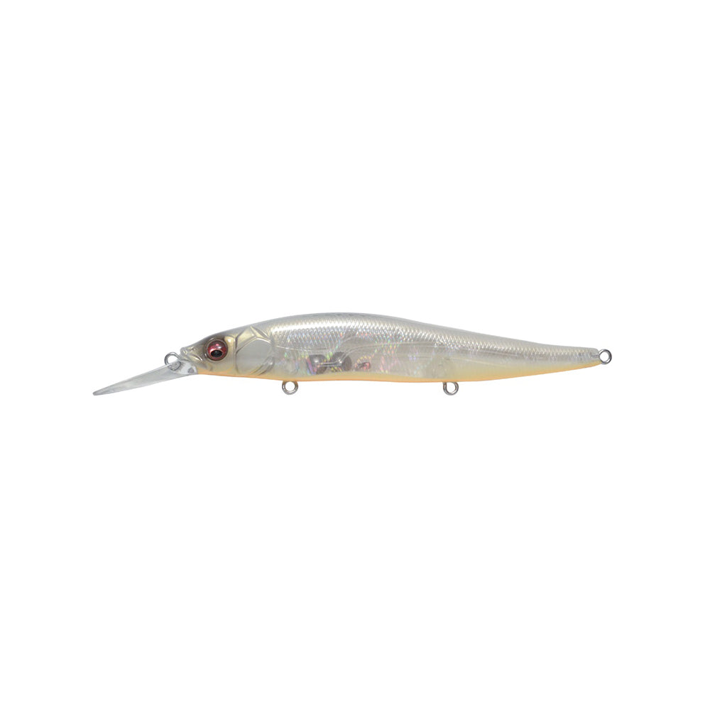 The Megabass Vision 110+1 Jerkbait features a translucent, slender body with red eyes, a silver sheen, a protruding plastic lip, and three metal loops—ideal for anglers seeking the signature Megabass style.