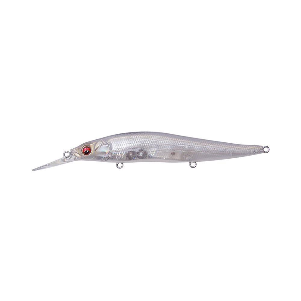 The Megabass Vision 110+1 Jerkbait is a transparent, fish-shaped lure with a long, pointed bill, red and black eye details, and three metal loops for hooks and line.