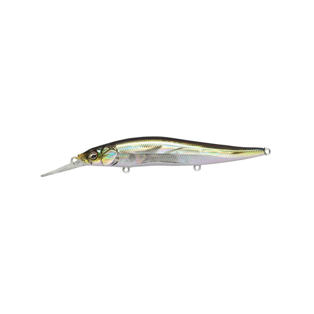 The Megabass Vision 110+1 Jerkbait by Megabass is a shiny, metallic lure shaped like a small fish, featuring a long clear front lip and attachment rings on the top and bottom.