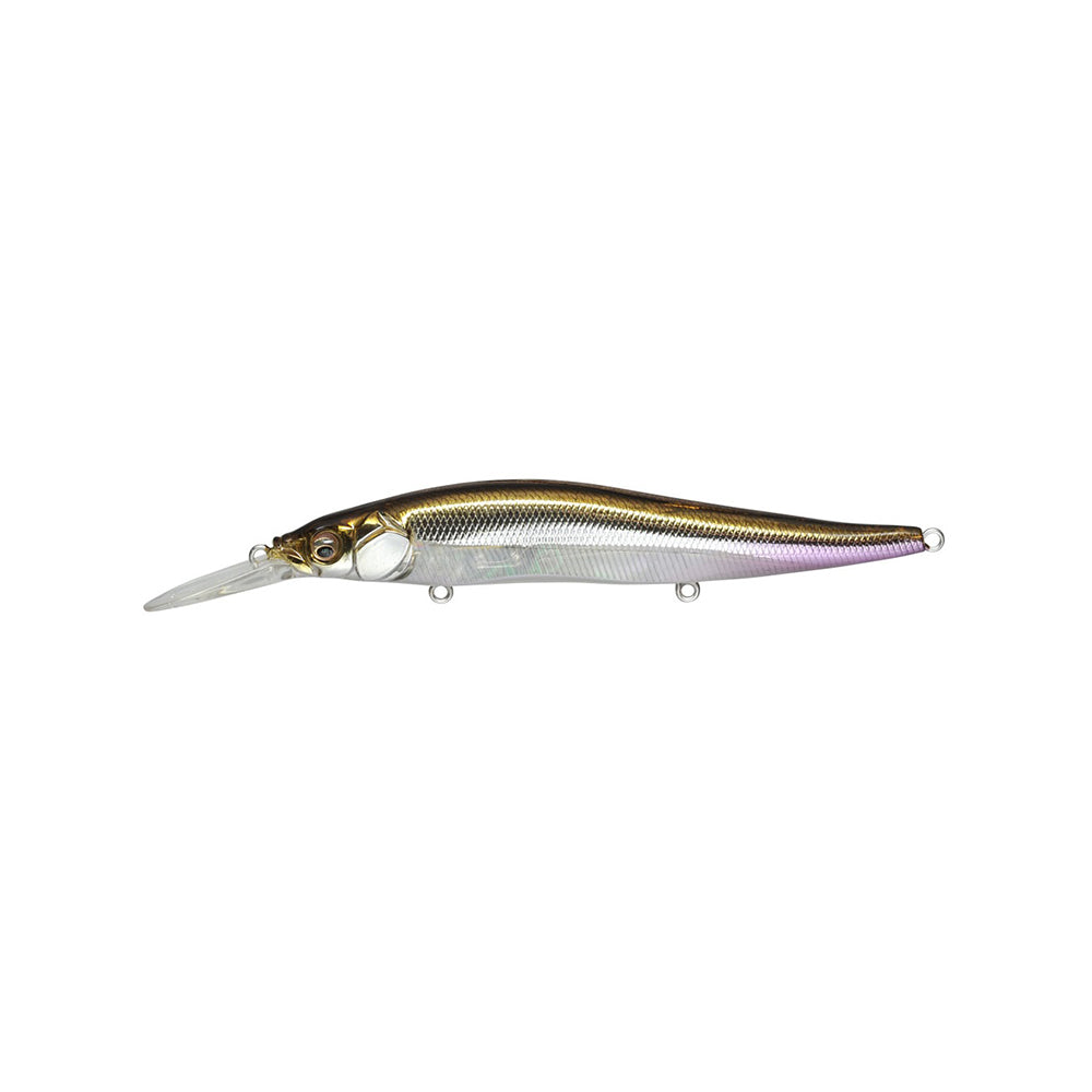 The Megabass Vision 110+1 Jerkbait by Megabass features a small fish shape, metallic gold and silver body, white underbelly, and clear elongated plastic lip for realistic action.