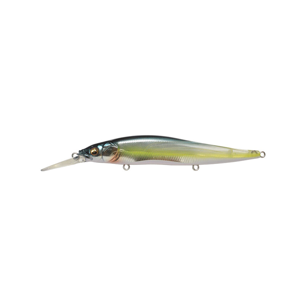 The Megabass Vision 110+1 Jerkbait by Megabass is a realistic, fish-shaped lure with a greenish-yellow body, silver accents, clear plastic diving lip, detailed scales, and metallic eyes—designed for lifelike action and attraction.