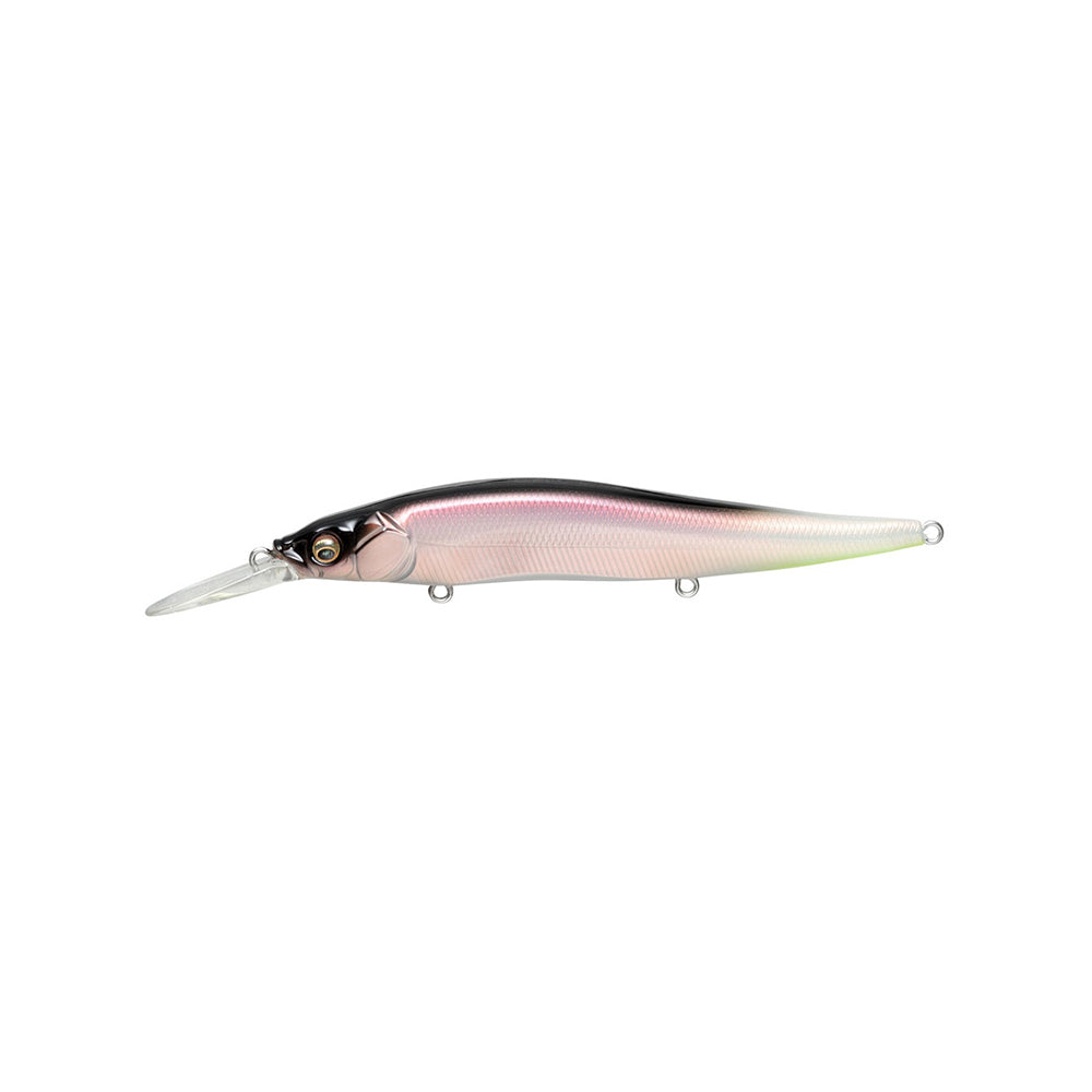 The Megabass Vision 110+1 Jerkbait by Megabass features a metallic pink body, a long clear plastic bill, and two metal loops for hooks or line, displayed against a white background.