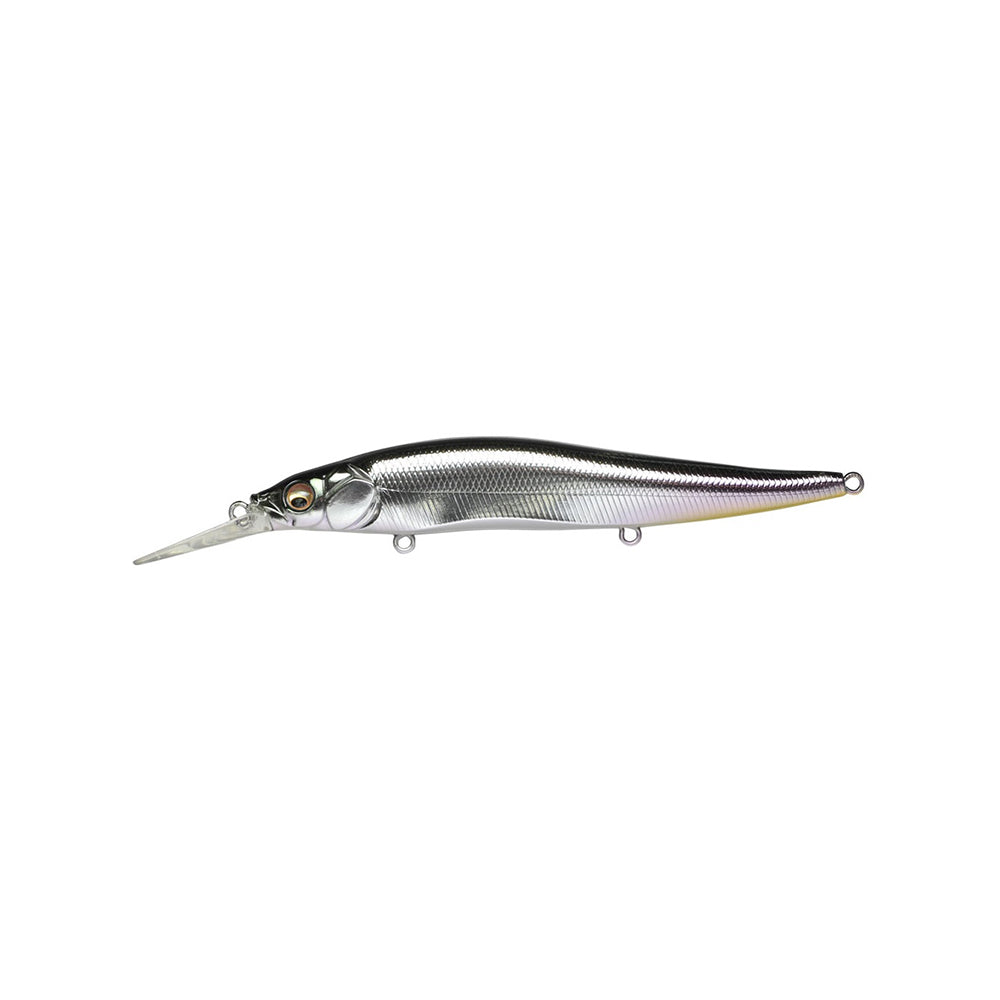 The Megabass Vision 110+1 Jerkbait by Megabass is a fish-shaped, silver and black lure featuring a long, clear plastic lip from its mouth and three attachment rings.