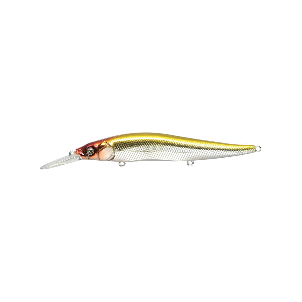 The Megabass Vision 110+1 Jerkbait by Megabass features a long, narrow body with metallic gold and silver finish, red and white head, realistic fish eyes, and a clear plastic diving lip, inspired by the Vision 110+1 design.