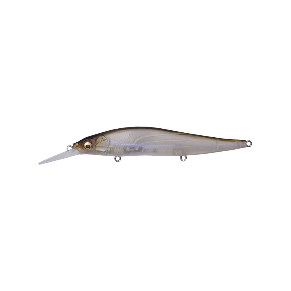 The Megabass Vision 110+1 Jerkbait by Megabass is a translucent, fish-shaped lure with a long bill, lifelike eyes, and three body attachment loops—crafted to imitate small baitfish and attract selective predators.