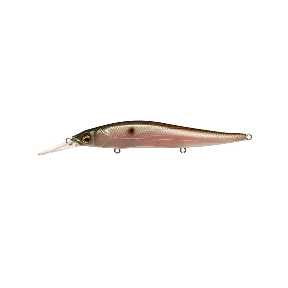 The Megabass Vision 110+1 Jerkbait is a realistic, fish-shaped lure with a shiny metallic finish, long bill, and three attachment loops—perfect for attracting fish.