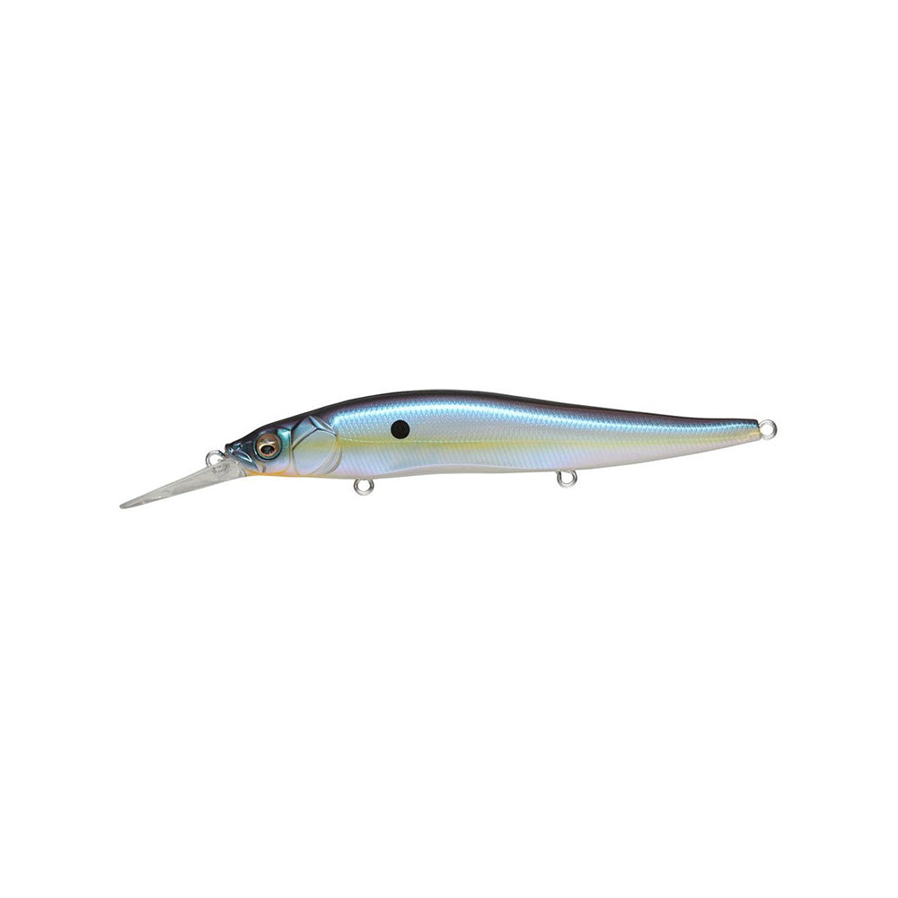 The Megabass Vision 110+1 Jerkbait by Megabass features a sleek metallic blue and silver body, small front eye, dark side spot, and an extended clear plastic lip—ideal for anglers seeking precision in jerkbaits.