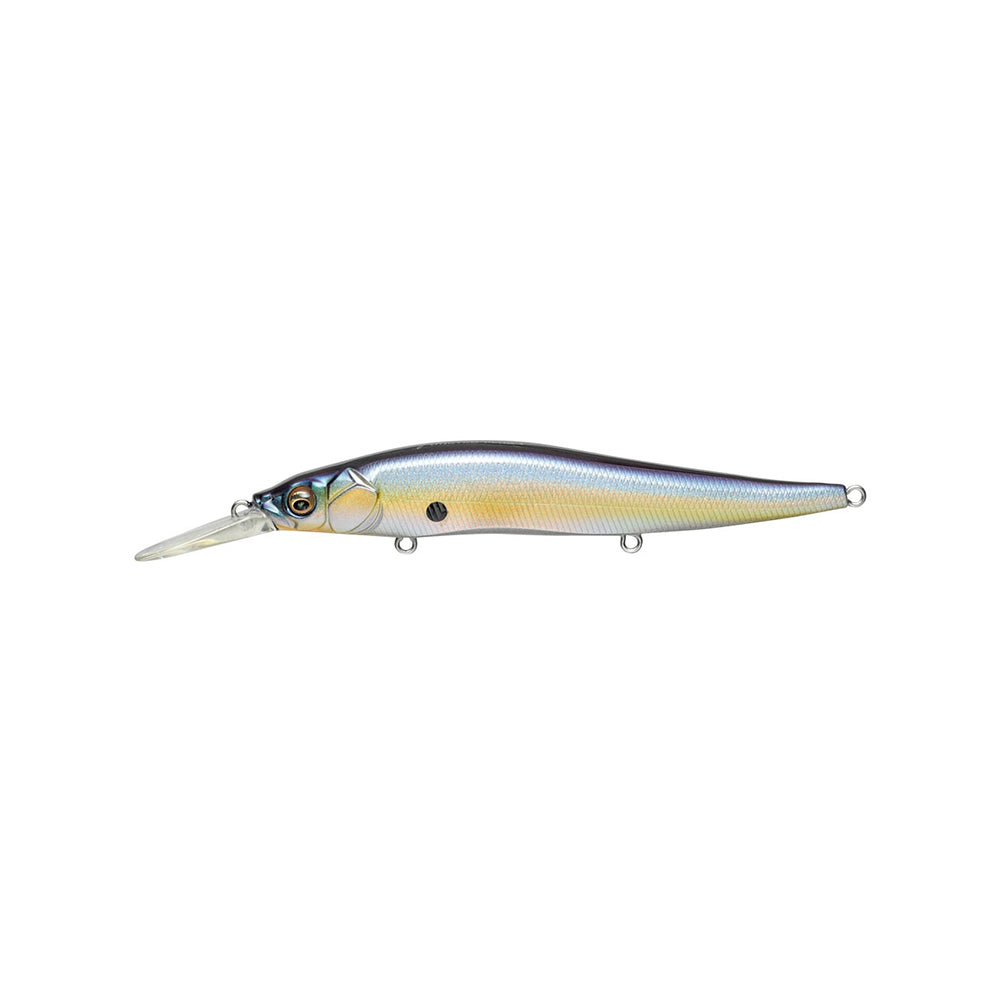 The Megabass Vision 110+1 Jerkbait by Megabass is a realistic, fish-shaped lure with a metallic sheen, detailed scales, a long clear plastic lip, and multiple attachment points, shown on a white background.