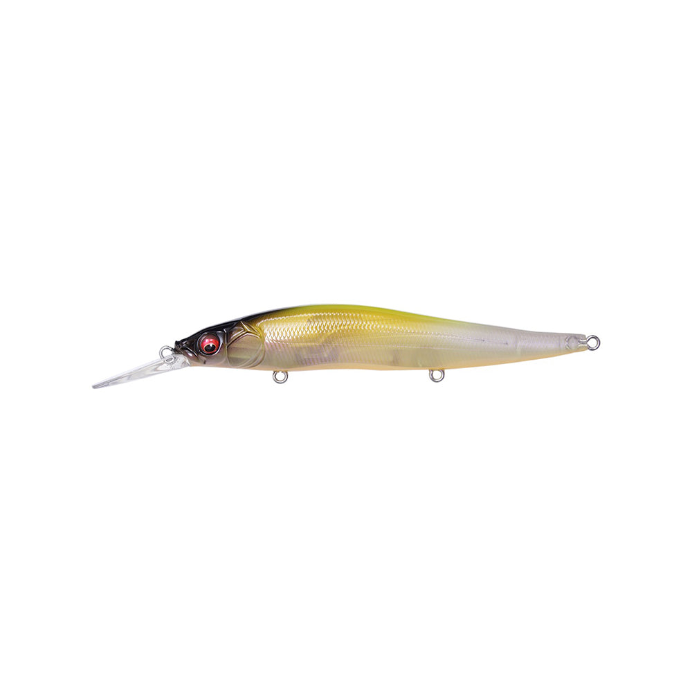 The Megabass Vision 110+1 Jerkbait by Megabass is a yellow and silver lure with a long, slender body, pointed head, lifelike eyes, transparent diving lip, two bottom rings, and one tail ring. Inspired by the original Vision 110+1 design.
