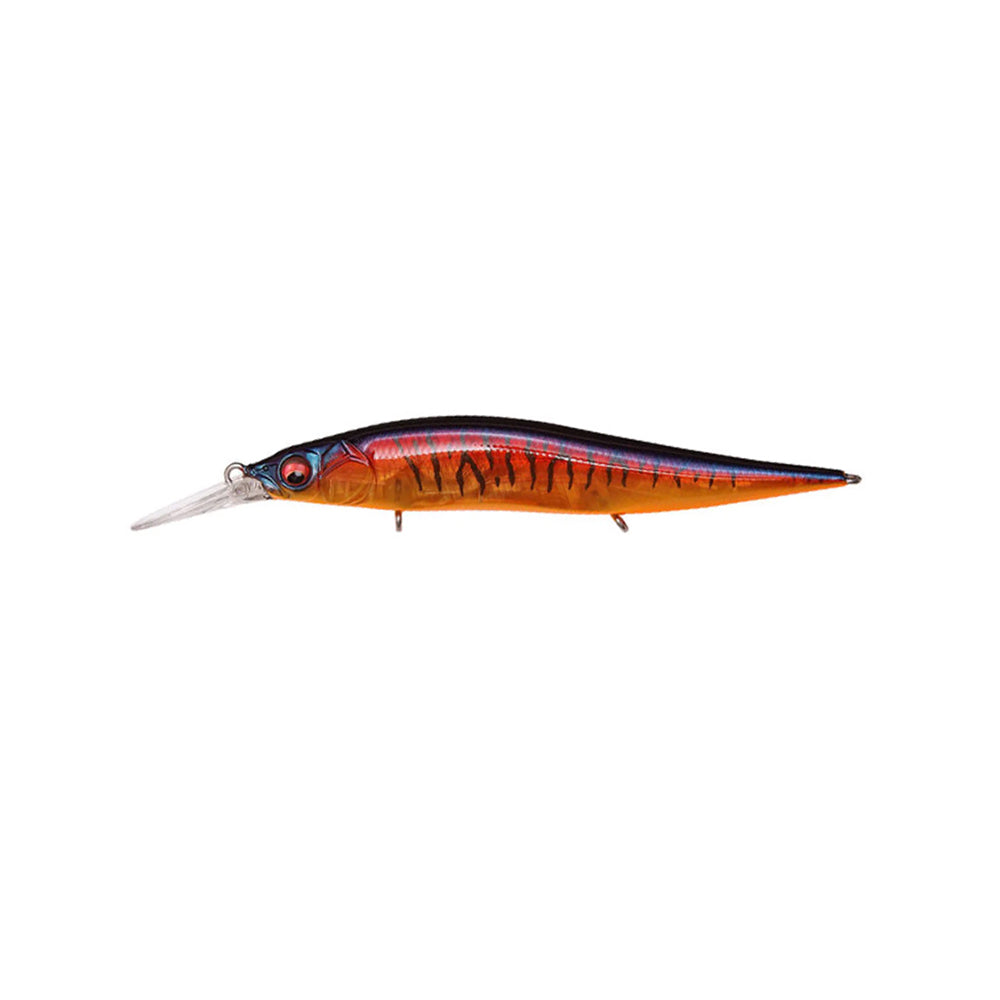 The Megabass Vision 110+1 Jerkbait by Megabass is a fish-shaped lure with a black back, orange belly, and red and purple stripes. It features a clear plastic lip and two underside hooks for realistic fishing action.