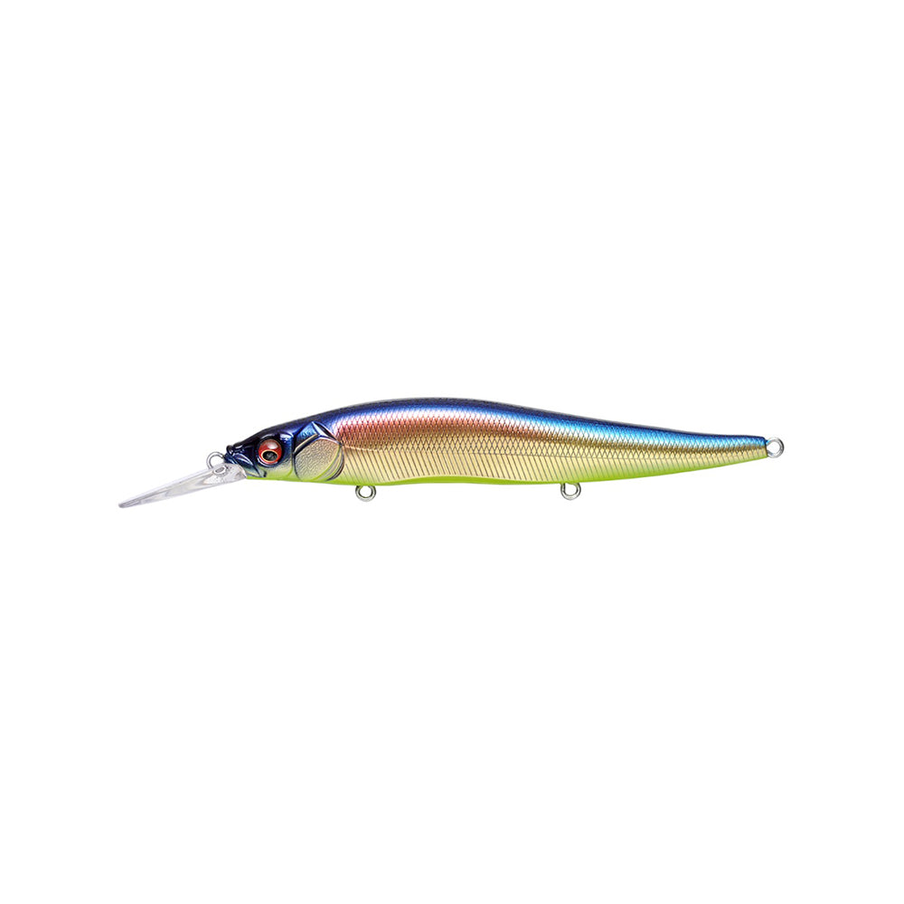 The Megabass Vision 110+1 Jerkbait by Megabass features a long, slender body with iridescent blue and green sides, silver belly, black top, a realistic eye, and a clear plastic lip extending from the front.
