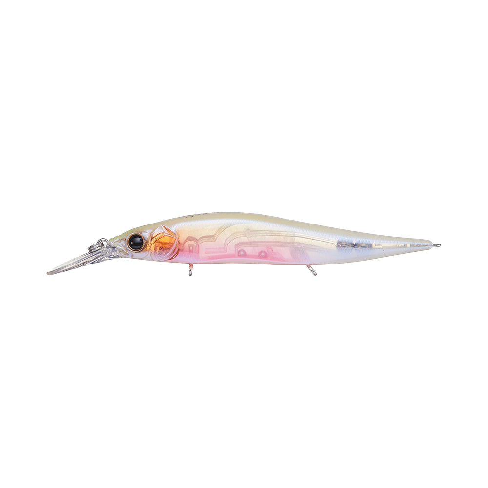 The Megabass Vision 110+1 Jr. Jerkbait features a pink and white translucent body, reflective details, black eye, and long clear lip—ideal for bass fishing and crafted by Megabass for realistic action.
