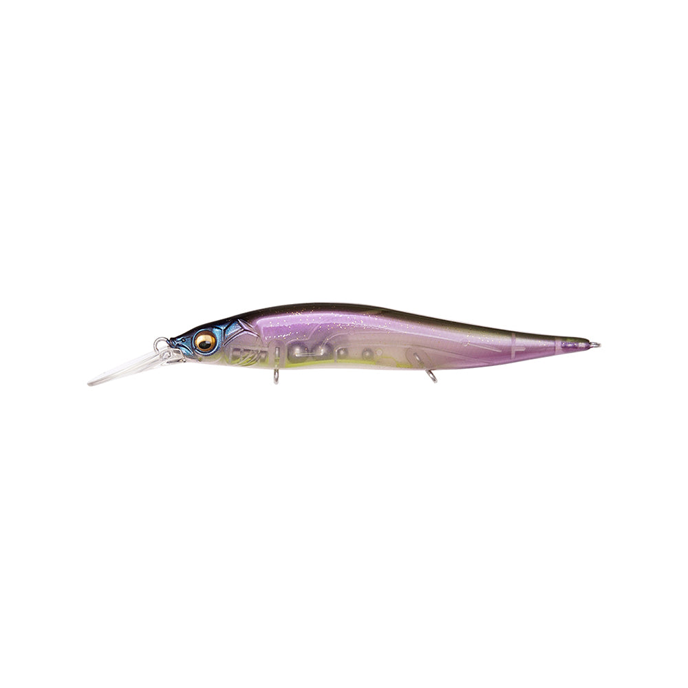 The Megabass Vision 110+1 Jerkbait by Megabass features a vibrant purple, yellow, and olive green gradient body, clear plastic lip, realistic scale patterns, and a shiny fish-like eye for lifelike appeal.