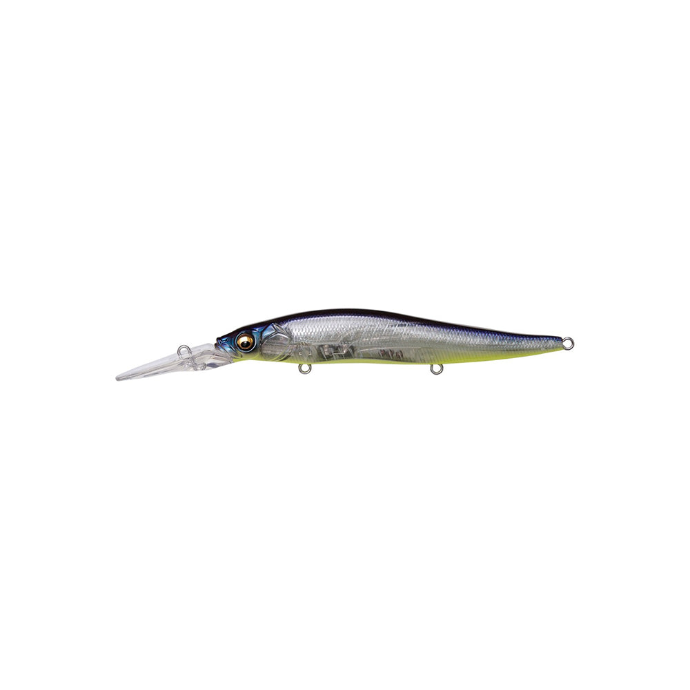 The Megabass Vision 110+2 Jerkbait by Megabass features a blue/silver body, yellow underside, and long transparent diving lip—ideal for suspended bass. Three attachment rings are visible along the lure’s fish-like shape.