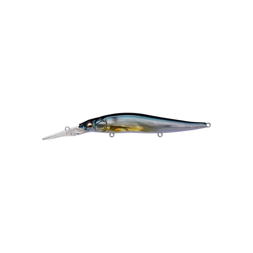 The Megabass Vision 110+2 Jerkbait by Megabass features a long, clear lip, metallic blue-green body with yellow accents and lifelike scale pattern, perfectly imitating baitfish to attract suspended bass.