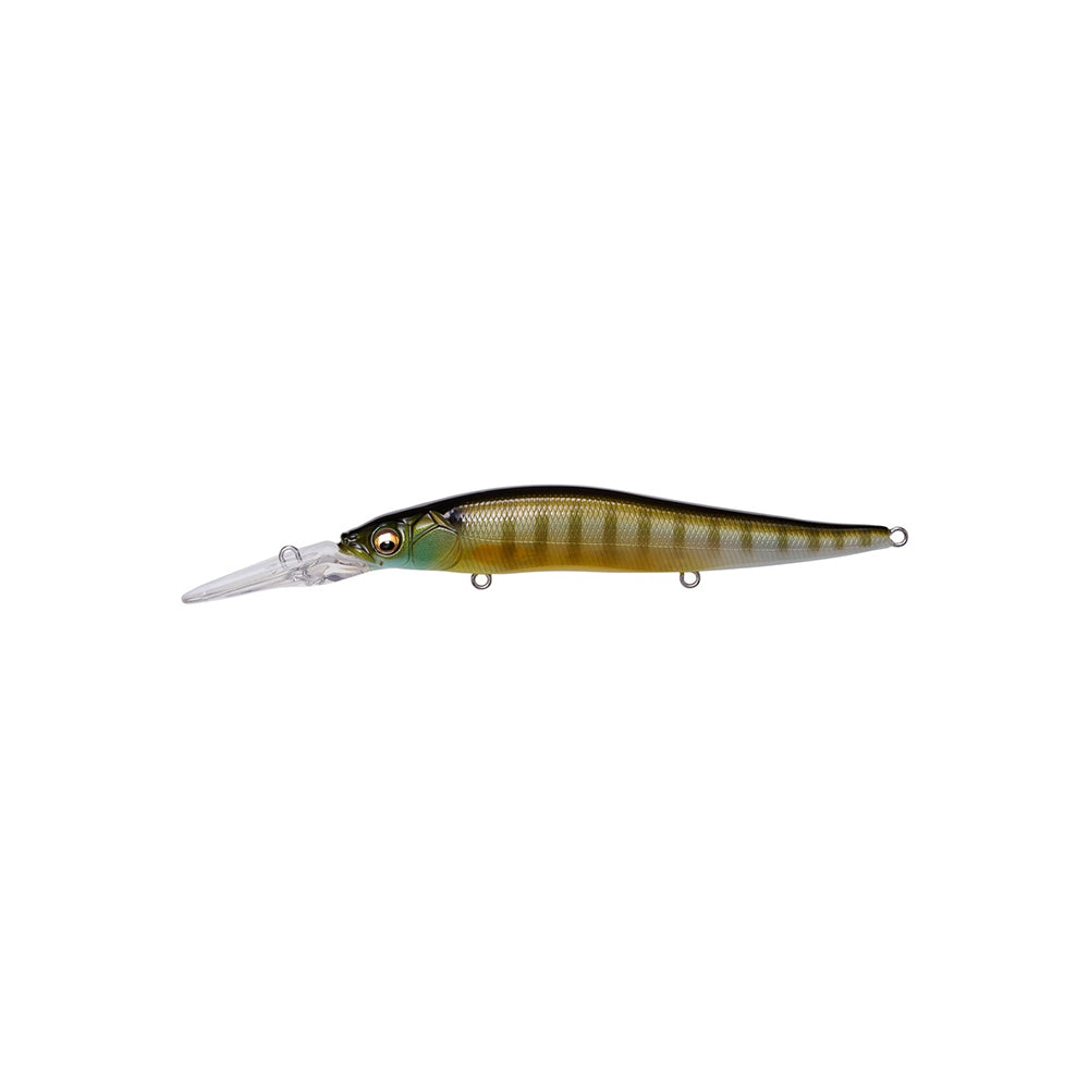 The Megabass Vision 110+2 Jerkbait by Megabass features a long, clear lip and a green-yellow striped, realistic fish design with metallic eyes—ideal for catching suspended bass. Displayed on a white background.