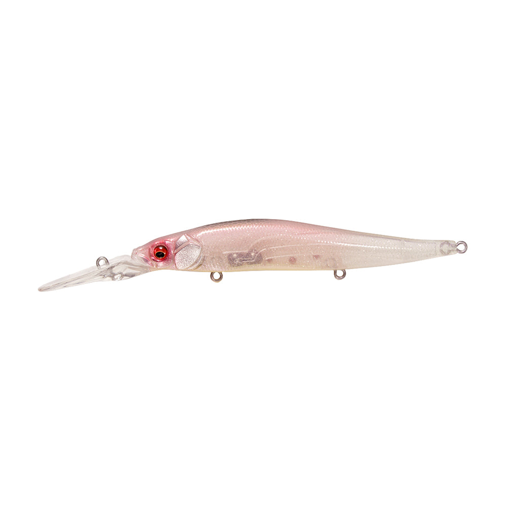 The Megabass Vision 110+2 Jerkbait by Megabass features a translucent, long, narrow body, clear pointed lip, red eyes, metallic pinkish back, and multiple attachment rings—perfect for targeting suspended bass.