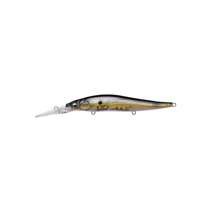 The Megabass Vision 110+2 Jerkbait by Megabass features a metallic fish-shaped body, dark blue back, yellowish sides with black spots, and a clear plastic diving lip—perfect for catching suspended bass.