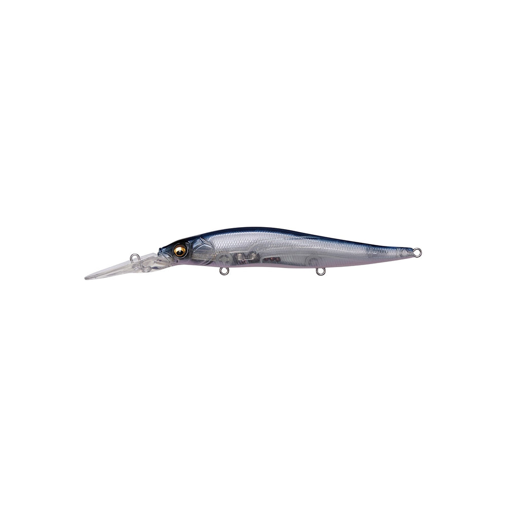 The Megabass Vision 110+2 Jerkbait by Megabass, featuring a blue and silver finish, long transparent bill, and golden eye, is shown on a plain white background—ideal for catching suspended bass.
