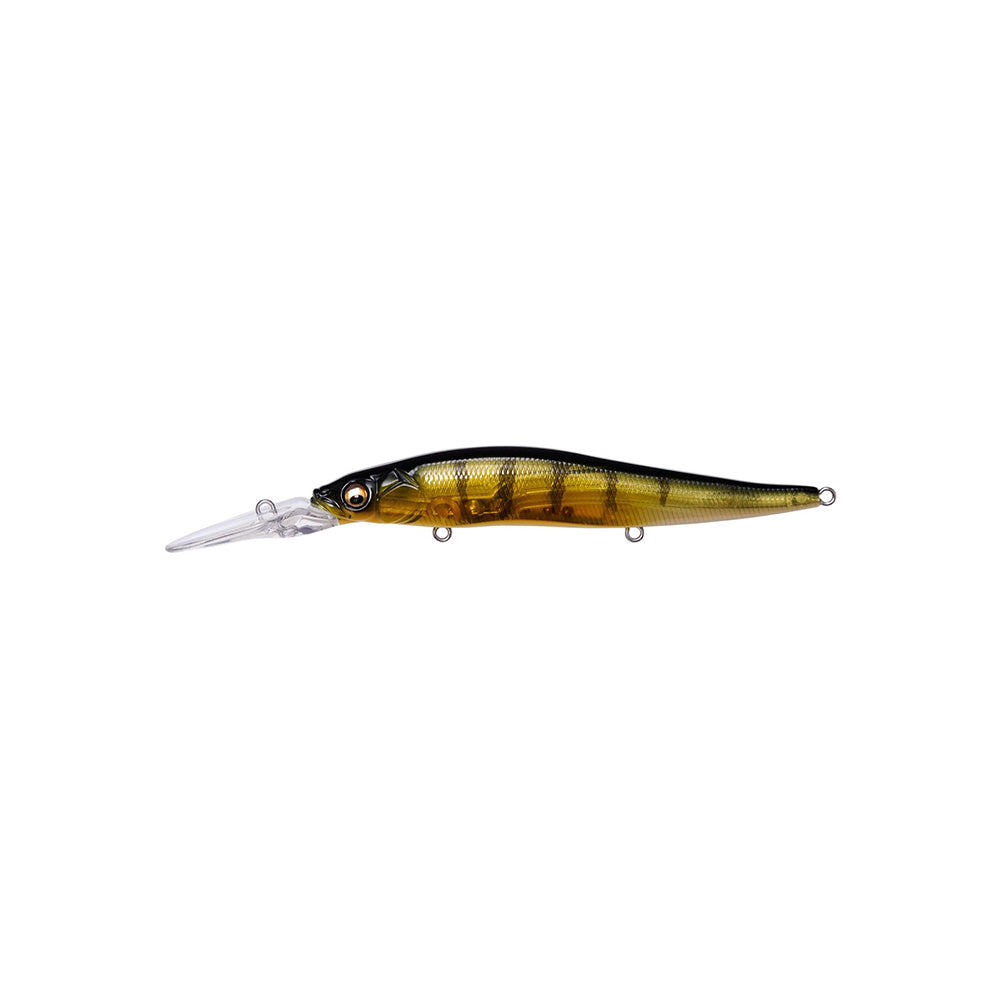 The Megabass Vision 110+2 Jerkbait by Megabass features a shiny, segmented brown and yellow body, clear diving lip, and two metal rings—ideal for bass fishing enthusiasts. Shown on a plain white background.