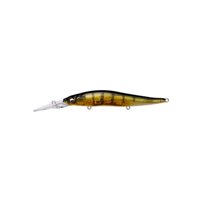 The Megabass Vision 110+2 Jerkbait by Megabass features a shiny, segmented brown and yellow body, clear diving lip, and two metal rings—ideal for bass fishing enthusiasts. Shown on a plain white background.