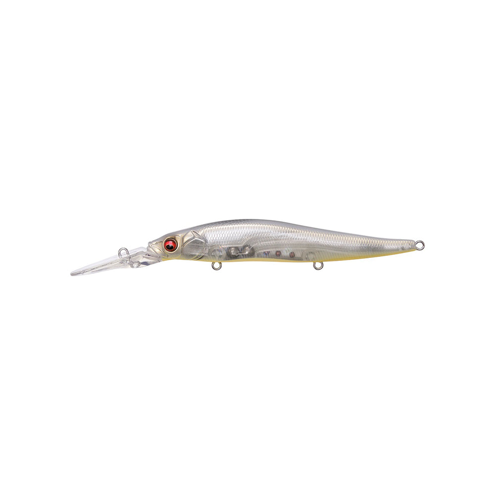 The Megabass Vision 110+2 Jerkbait features a long, narrow silver and translucent body, a pointed head, prominent red eye, and clear extended diving lip—perfect for bass fishing.