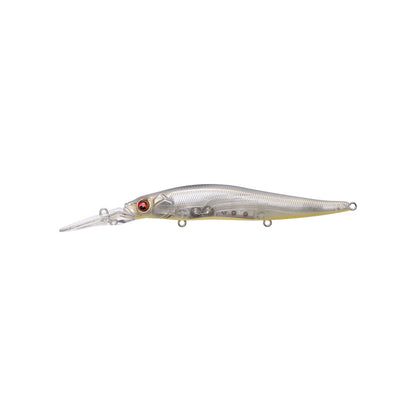 The Megabass Vision 110+2 Jerkbait features a long, narrow silver and translucent body, a pointed head, prominent red eye, and clear extended diving lip—perfect for bass fishing.