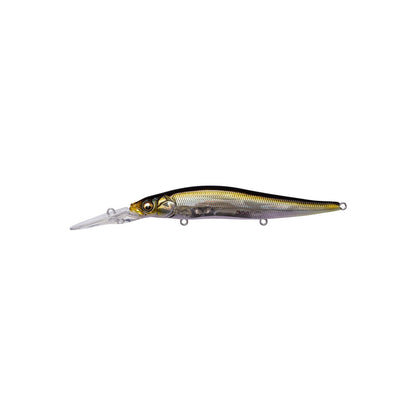 The Megabass Vision 110+2 Jerkbait by Megabass features a long, clear lip, metallic gold and silver colors, realistic eyes, and multiple attachment loops—ideal for bass fishing.
