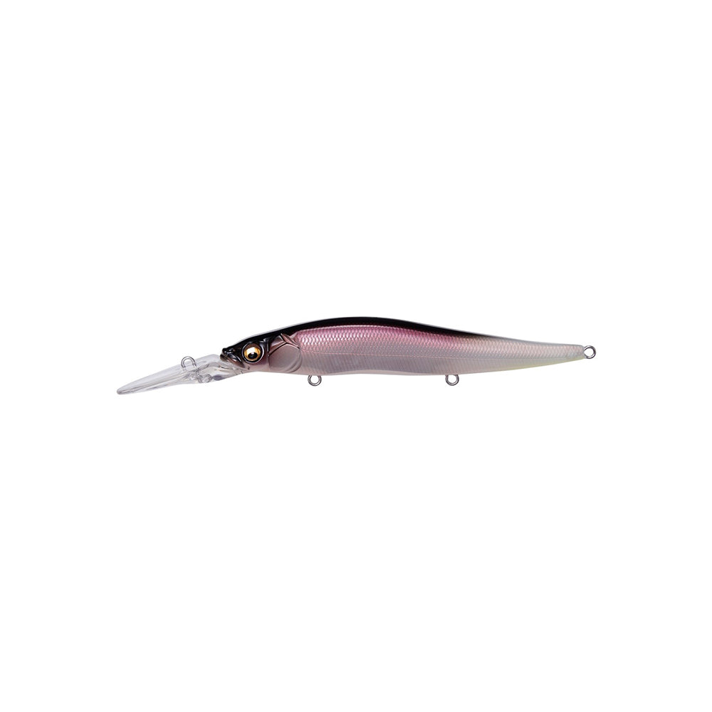 The Megabass Vision 110+2 Jerkbait by Megabass features a long clear bill, dark top, metallic pink sides, light underside, realistic fish eye, and three metal attachment points—perfect for bass fishing.