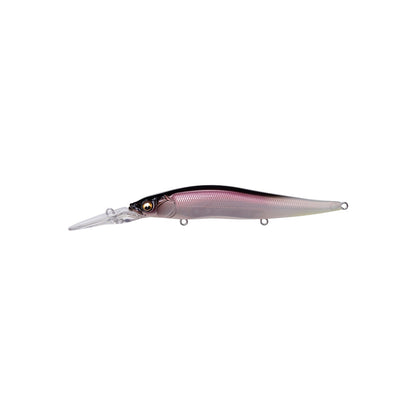 The Megabass Vision 110+2 Jerkbait by Megabass features a long clear bill, dark top, metallic pink sides, light underside, realistic fish eye, and three metal attachment points—perfect for bass fishing.
