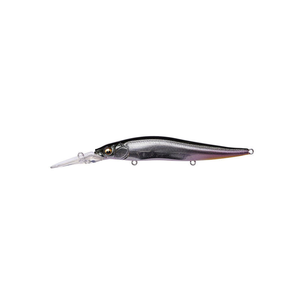 The Megabass Vision 110+2 Jerkbait by Megabass features a realistic, fish-shaped design with a metallic gray body, clear plastic lip, and detailed eye—perfect for attracting bass.