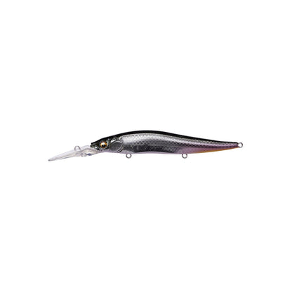 The Megabass Vision 110+2 Jerkbait by Megabass features a realistic, fish-shaped design with a metallic gray body, clear plastic lip, and detailed eye—perfect for attracting bass.