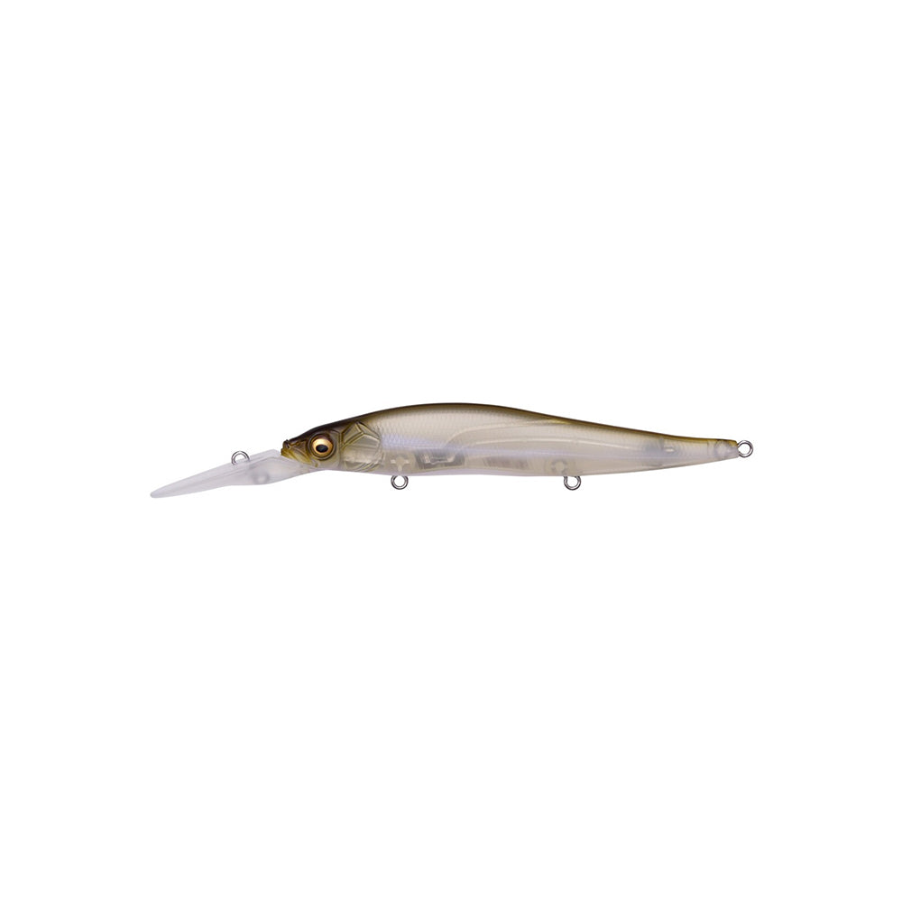 The Megabass Vision 110+2 Jerkbait by Megabass is designed for bass fishing and features a long, clear lip, slender brown and silver fish-shaped body, realistic eye, and multiple attachment rings.