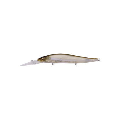 The Megabass Vision 110+2 Jerkbait by Megabass is designed for bass fishing and features a long, clear lip, slender brown and silver fish-shaped body, realistic eye, and multiple attachment rings.
