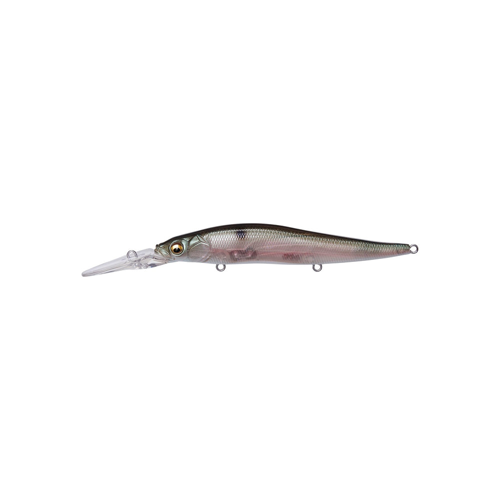 The Megabass Vision 110+2 Jerkbait by Megabass features a silver-gray, fish-shaped body, lifelike painted eyes, and a clear bill—ideal for bass fishing—displayed on a white background.